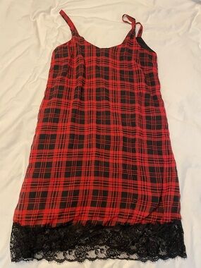 Red and Black Plaid Mini Dress with Black Lace Trim